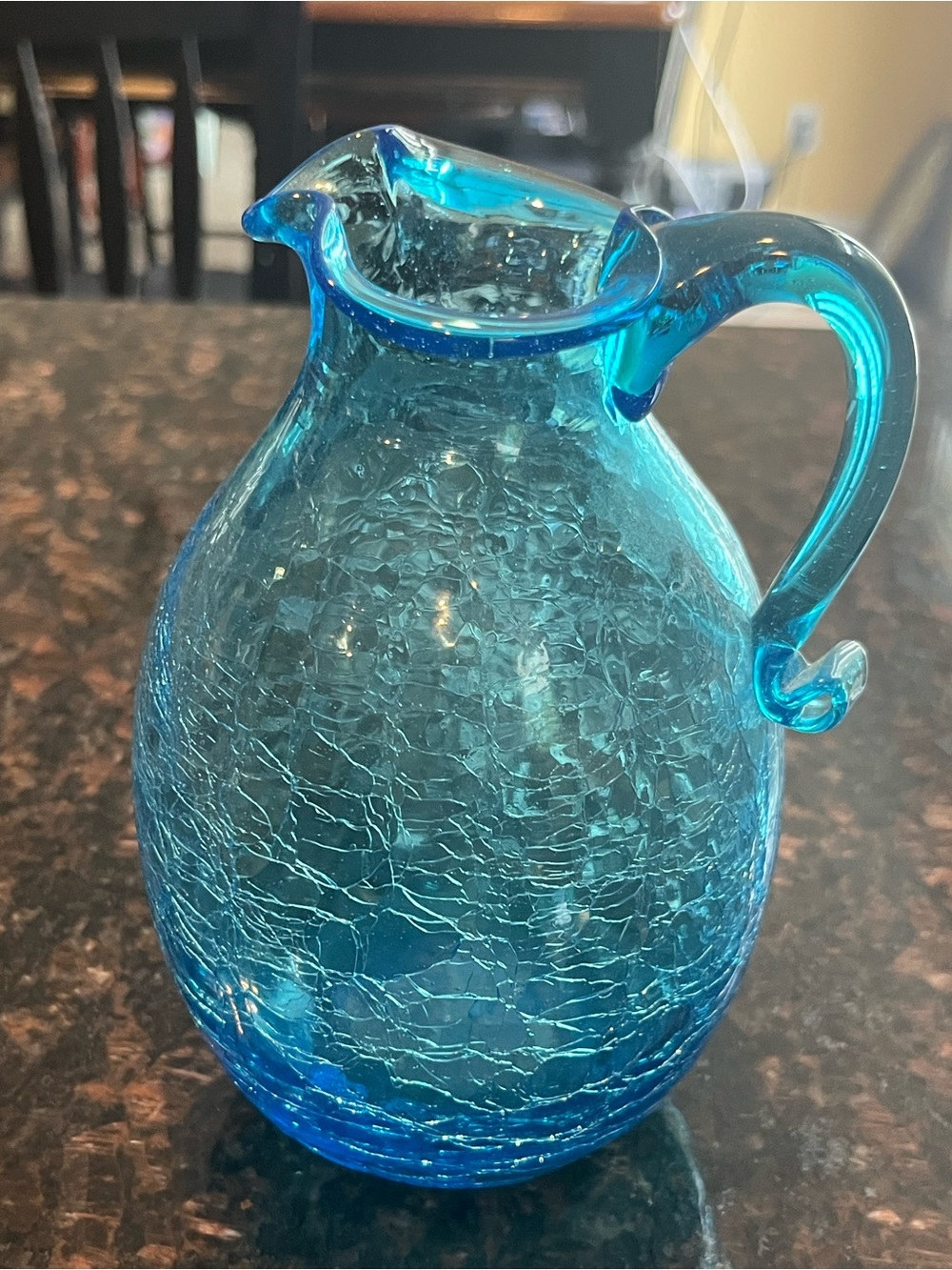 Hand blown blue crackle glass pitcher